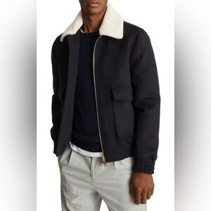 Reiss Rivet Faux Shearling Collar Wool Blend Bomber Jacket | Size: Medium | NWT